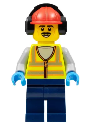 Stuntz Crew - Male, Neon Yellow Safety Vest with Reflective Stripes, Dark Blue Legs, Red Construction Helmet with Black Ear Protectors / Headphones