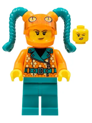 Stuntz Driver - Female, Orange Coat with Scales, Dark Turquoise Legs, Orange Helmet with Tassels, Snake Visor