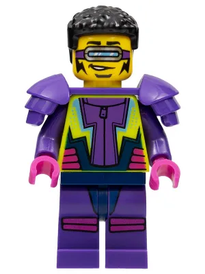 Stuntz Driver - Male, Dark Purple and Neon Yellow Jumpsuit, Dark Purple Shoulder Pads, Black Coiled Hair