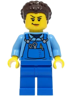 Stuntz Crew - Female, Blue Overalls over Medium Blue Shirt, Blue Legs, Dark Brown Hair, Back Print