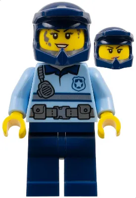 Police - City Officer Female Bright Light Blue Shirt with Silver Stripe, Badge, and Radio, Dark Blue Legs, Dark Blue Dirt Bike Helmet, Splotches