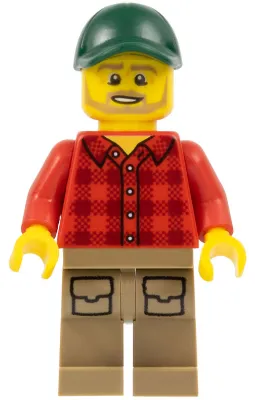 Forklift Driver - Male, Red Plaid Flannel Shirt, Dark Tan Legs with Pockets, Dark Green Cap