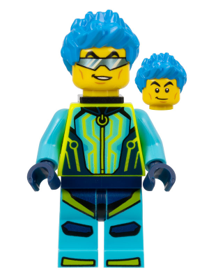 Stuntz Driver - Male, Medium Azure and Neon Yellow Jumpsuit, Dark Azure Spiked Hair, Black Neck Bracket
