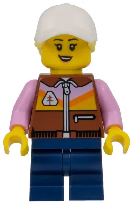 Dirt Bike Rider - Female, Reddish Brown Jacket, Dark Blue Medium Legs, White Cap with Bright Light Yellow Ponytail Hair