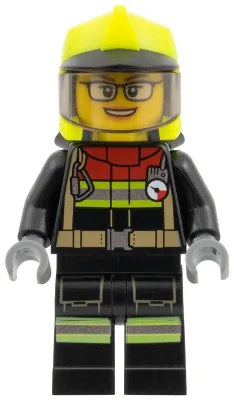 Fire - Female, Black Jacket and Legs with Reflective Stripes and Red Collar, Neon Yellow Fire Helmet, Trans-Brown Visor, Glasses