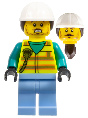 Utility Worker - Male, Neon Yellow Safety Vest with Radio, Bright Light Blue Legs, White Construction Helmet with Dark Brown Ponytail Hair, Moustache, Stubble