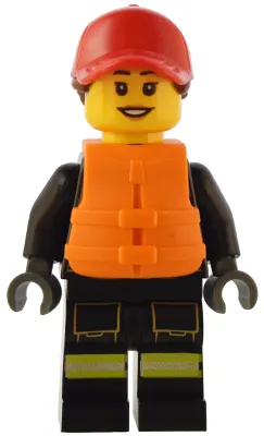 Fire - Female, Reflective Stripes with Utility Belt and Flashlight, Red Cap with Reddish Brown Ponytail, Orange Life Jacket