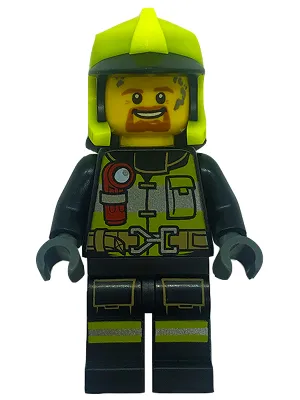 Fire - Reflective Stripes with Utility Belt and Flashlight, Neon Yellow Fire Helmet, Dark Orange Moustache and Goatee, Splotches