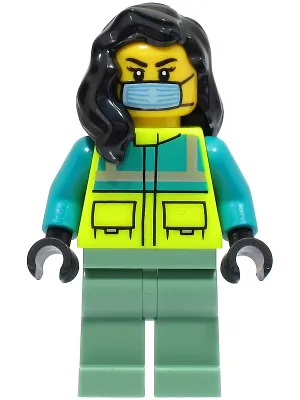 Ambulance Driver - Female, Dark Turquoise and Neon Yellow Safety Vest, Sand Green Legs, Black Hair, Surgical Mask