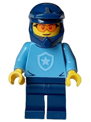 Police - City Officer, Medium Blue Shirt with Badge, Dark Blue Legs, Dark Blue Dirt Bike Helmet, Safety Glasses