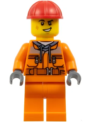 Construction Worker - Male, Orange Safety Jacket, Reflective Stripe, Sand Blue Hoodie, Orange Legs, Red Construction Helmet