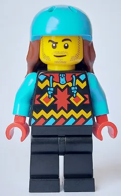 Snowboarder - Male, Geometric Jacket, Black Legs, Medium Azure Sports Helmet, Reddish Brown Long Hair