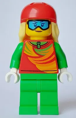 Skier - Female, Red Top, Bright Green Legs, Red Sports Helmet, Bright Light Yellow Long Hair, Ski Goggles