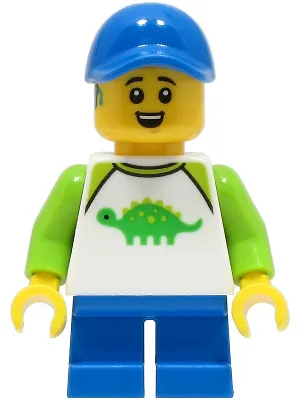 Child - Boy, White Shirt with Bright Green Dinosaur, Blue Short Legs, Blue Cap, Hearing Aid