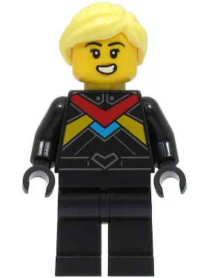 Monster Truck Driver - Female, Black Racing Suit with Red, Dark Azure and Bright Light Orange Stripes, Bright Light Yellow Hair