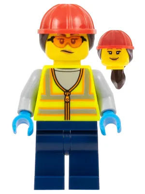 Airport Worker - Female, Neon Yellow Safety Vest with Reflective Stripes, Dark Blue Legs, Red Construction Helmet with Dark Brown Ponytail Hair, Safety Glasses