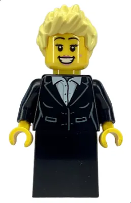 Caroler - Female, Black Suit Jacket with White Button Up Shirt, Black Skirt, Bright Light Yellow Spiked Hair