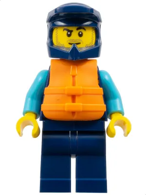 Water Scooter Driver - Male, Dark Blue Diving Suit and Dirt Bike Helmet, Orange Life Jacket, Lopsided Smirk