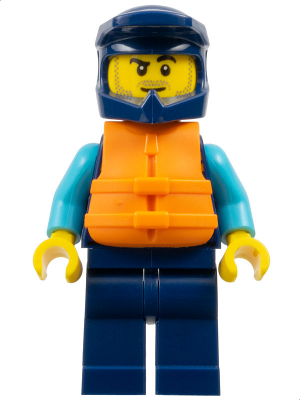 Water Scooter Driver - Male, Dark Blue Diving Suit and Dirt Bike Helmet, Orange Life Jacket, Lopsided Smirk