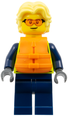 Police - City Officer Male, Neon Yellow Safety Vest, Dark Blue Legs, Bright Light Yellow Wavy Hair, Orange Life Jacket, Safety Glasses