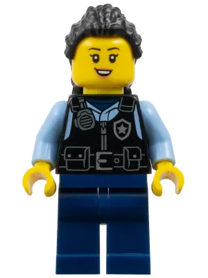 Police - City Officer Female, Black Safety Vest with Silver Star Badge Logo, Dark Blue Legs, Black Hair Long with Braided Ponytail