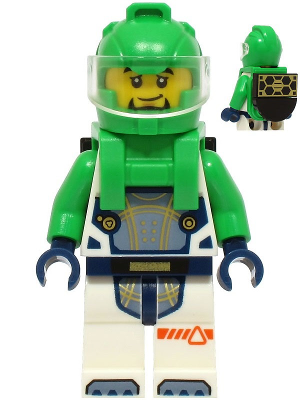 Astronaut - Male, White Spacesuit with Bright Green Arms, Bright Green Helmet, Trans-Clear Visor, Bright Green Harness with Solar Panel, Goatee