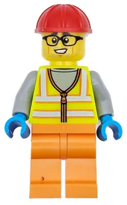 Construction Worker - Male, Neon Yellow Safety Vest with Reflective Stripes, Orange Legs, Red Construction Helmet, Black Glasses