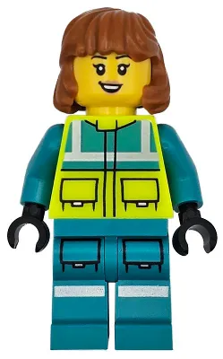 Ambulance Driver - Female, Dark Turquoise and Neon Yellow Safety Vest, Legs with Silver Reflective Stripes, Dark Orange Mid Length Hair