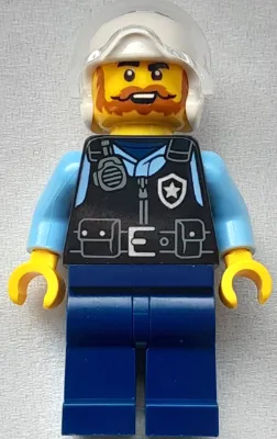 Police - City Officer Male, Black Safety Vest with Silver Star Badge Logo, Dark Blue Legs, White Helmet, Trans-Clear Visor, Beard