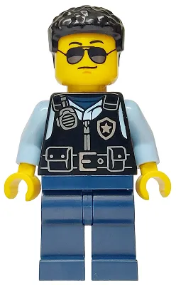 Police - City Officer Male, Black Safety Vest with Silver Star Badge Logo, Dark Blue Legs, Black Hair, Sunglasses