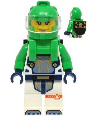 Astronaut - Female, White Spacesuit with Bright Green Arms, Bright Green Helmet, Trans-Clear Visor, Bright Green Harness with Solar Panel, Closed Mouth