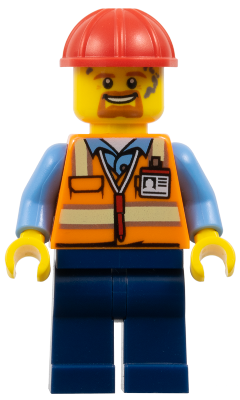 Construction Worker - Male, Orange Safety Vest with Reflective Stripes, Dark Blue Legs, Red Construction Helmet