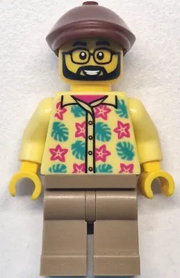 Bus Passenger - Male, Bright Light Yellow Shirt with Flowers and Leaves, Dark Tan Legs, Reddish Brown Flat Cap