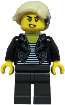 Sports Car Driver - Female, Black Leather Jacket over Shirt with White Stripes, Pearl Dark Gray Legs, Tan Hair with Cochlear Implant