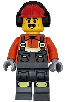 Construction Worker - Male, Dark Bluish Gray Overalls over Reddish Orange Safety Jacket with Reflective Stripes, Dark Bluish Gray Legs with Knee Pads, Red Construction Helmet with Black Ear Protectors / Headphones, Moustache