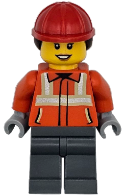 Construction Worker - Female, Reddish Orange Safety Jacket with Reflective Stripes, Dark Bluish Gray Legs, Red Construction Helmet with Dark Brown Ponytail Hair, Hearing Aid