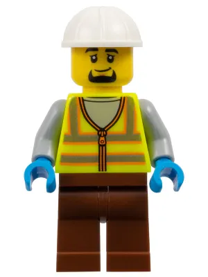 Dock Worker - Male, Neon Yellow Safety Vest with Reflective Stripes, Reddish Brown Legs, White Construction Helmet, Goatee