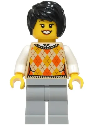 Hot Dog Stand Customer - Female, Tan Knit Argyle Sweater Vest, Light Bluish Gray Legs, Black Hair