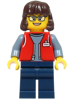 Forklift Driver - Female, Red Vest over Sand Blue Shirt, Dark Blue Legs, Dark Brown Hair