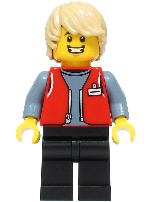 Forklift Driver - Male, Red Vest over Sand Blue Shirt, Black Legs, Tan Hair