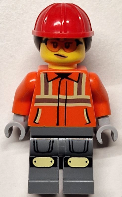 Construction Worker - Female, Reddish Orange Safety Jacket with Reflective Stripes, Dark Bluish Gray Legs with Knee Pads, Red Construction Helmet with Dark Brown Ponytail Hair, Safety Glasses