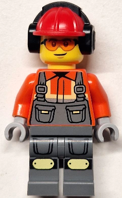 Construction Worker - Male, Dark Bluish Gray Overalls over Reddish Orange Safety Jacket with Reflective Stripes, Dark Bluish Gray Legs with Knee Pads, Red Construction Helmet with Black Ear Protectors / Headphones, Safety Glasses