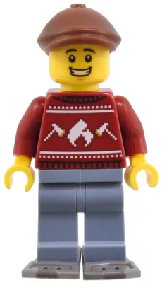 Man - Dark Red Holiday Sweater, Sand Blue Legs, Reddish Brown Flat Cap, Dark Bluish Gray Snowshoes