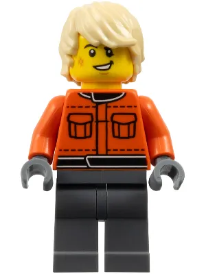 Formula 1 Race Crew Member - Male, Reddish Orange Racing Suit with Pockets, Dark Bluish Gray Legs, Tan Tousled Hair, Scuff Mark