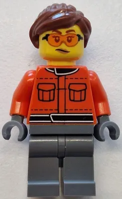 Formula 1 Race Crew Member - Female, Reddish Orange Racing Suit with Pockets, Dark Bluish Gray Legs, Reddish Brown Hair, Safety Glasses