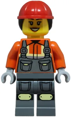 Construction Worker - Female, Dark Bluish Gray Overalls over Reddish Orange Safety Jacket with Reflective Stripes, Dark Bluish Gray Legs with Knee Pads, Red Construction Helmet with Dark Brown Ponytail Hair, Open Mouth Smile