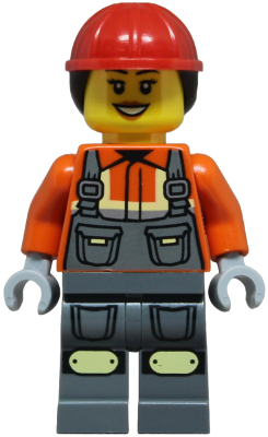 Construction Worker - Female, Dark Bluish Gray Overalls over Reddish Orange Safety Jacket with Reflective Stripes, Dark Bluish Gray Legs with Knee Pads, Red Construction Helmet with Dark Brown Ponytail Hair, Open Mouth Smile