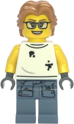Scrapyard Worker - Female, White Sleeveless Shirt with Oil Stains, Sand Blue Legs with Shirt Sleeves with Oil Stains, Medium Nougat Wavy Hair, Glasses