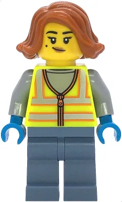 Scrapyard Worker - Female, Neon Yellow Safety Vest with Reflective Stripes, Sand Blue Legs, Dark Orange Hair, Beauty Mark
