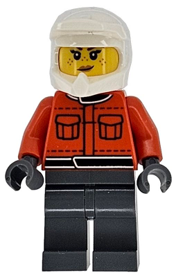 Formula 1 Pit Crew Member - Female, Reddish Orange Racing Suit with Pockets, Dark Bluish Gray Legs, White Dirt Bike Helmet, Freckles